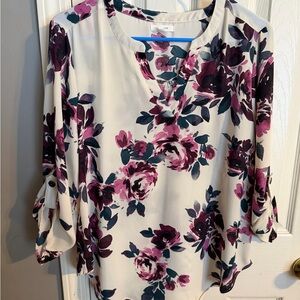 Maurices Ivory Floral Notch-Neck Blouse with Plum Accents